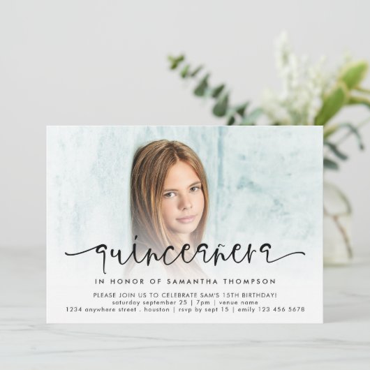 Modern Photo Overlay Script Quinceañera Kaart (Staand voorkant)