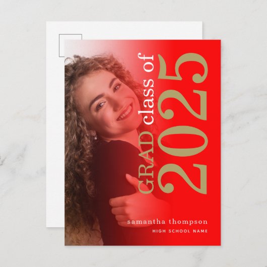 Modern Photo Red Gold 2023 Afstuderen Aankondigingskaart (Voorkant / Achterkant)