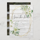 Modern Photo Save Dates White Floral Greenery Leaf (Voorkant / Achterkant)