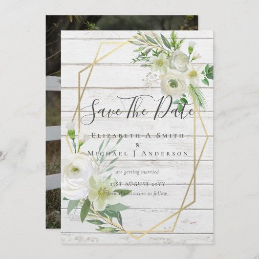 Modern Photo Save Dates White Floral Greenery Leaf (Voorkant / Achterkant)