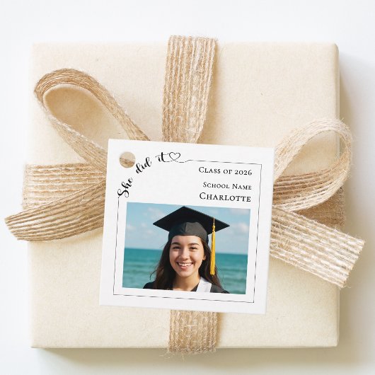 Modern photo She did it Graduation Party DIY Bedankjes Labels