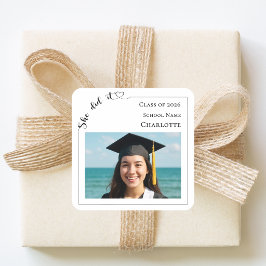 Modern photo She Did It Graduation Party Vierkante Sticker