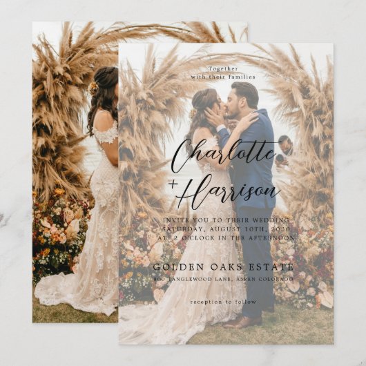 Modern Photo Tint Overlay Script Serif Wedding Kaart (Voorkant / Achterkant)