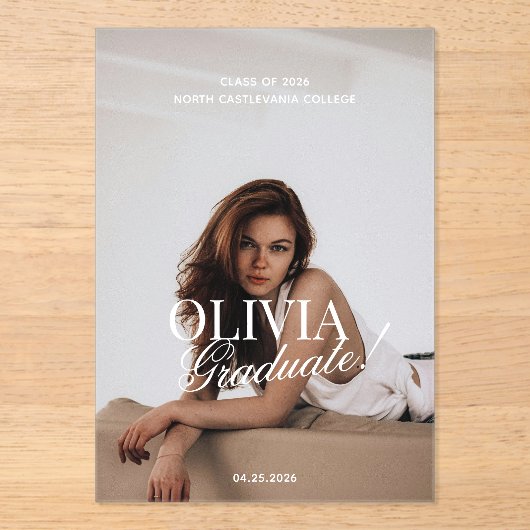 Modern Photo Typography Script Grad Announcement Acryl Uitnodigingen (Voorkant)