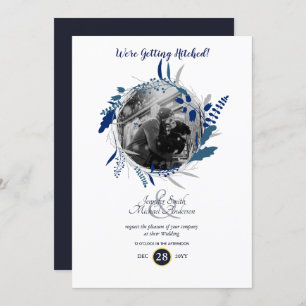 Modern PHOTO Wedding Minimalist Blue Wreath Kaart