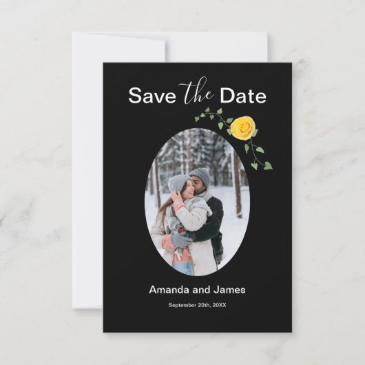 Modern Photo Yellow Rose and Vine Black Save The Date (Voorkant)
