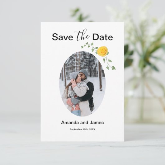 Modern Photo Yellow Rose and Vine White and Yellow Save The Date (Staand voorkant)