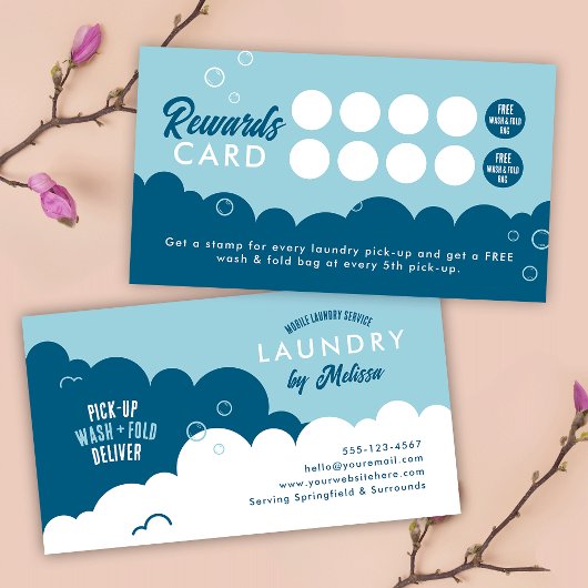 Modern Pick-Up Laundry Service Blue & White Klantenkaartje
