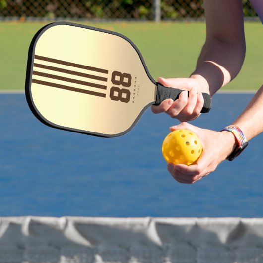 Modern Pickleball Player Name Number Stripes Gold Paddle (Insitu)