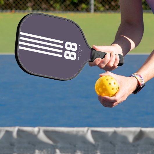 Modern Pickleball Player Name Number Stripes Purpl Paddle (Insitu)