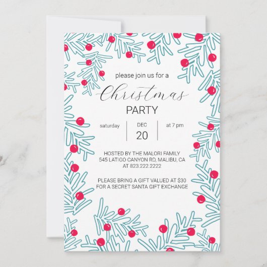 Modern Pine Branch and Red Berry Christmas Pattern Kaart (Voorkant)