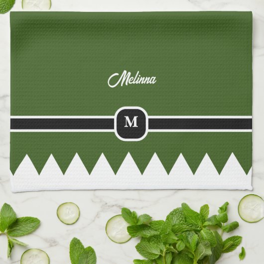Modern Pine Green Holiday Monogram Theedoek (Gevouwen)