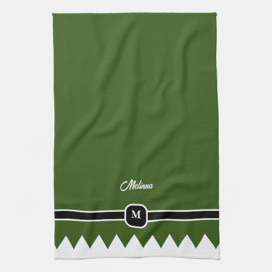 Modern Pine Green Holiday Monogram Theedoek (Verticaal)