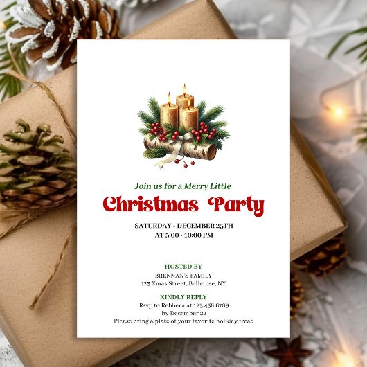Modern Pine Wreath Candles Holiday Invitation Card Kaart