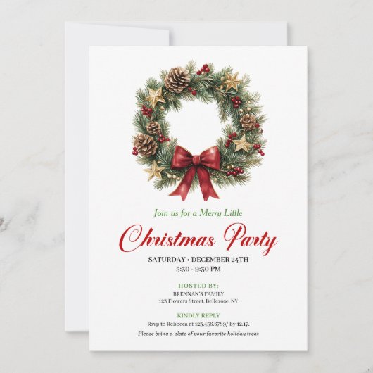 Modern Pine Wreath Christmas Party Editable Kaart (Voorkant)