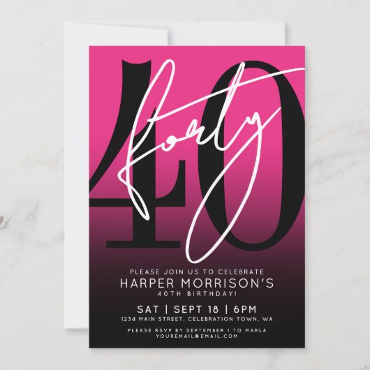 Modern Pink 40th Birthday Party Kaart (Voorkant)