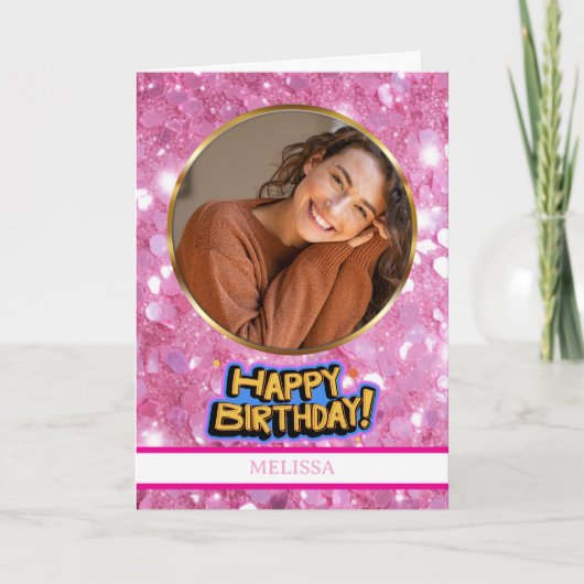 Modern Pink and Gold Glitter Photo & Name Birthday Kaart (Voorkant)