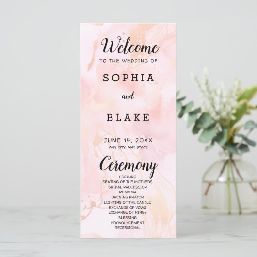 Modern Pink and Gold Marble Wedding Programme (Staand voorkant)