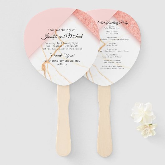Modern Pink and Gold Marble Wedding Programme Handwaaier (Voorkant en achterkant)