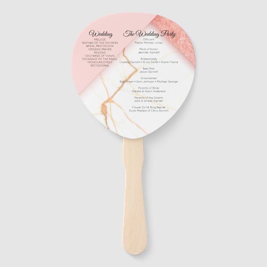 Modern Pink and Gold Marble Wedding Programme Handwaaier (Achterkant)