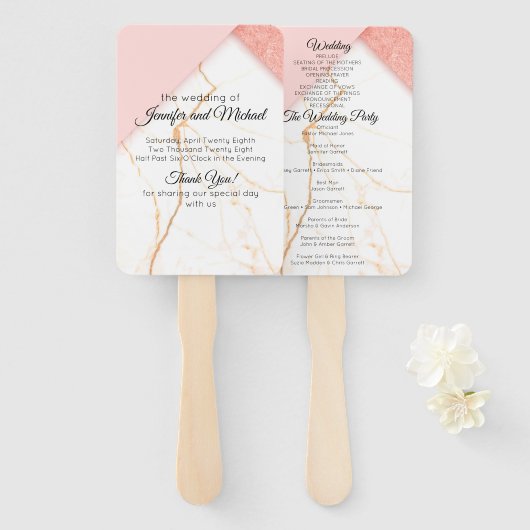 Modern Pink and Gold Marble Wedding Programme Handwaaier (Voorkant en achterkant)