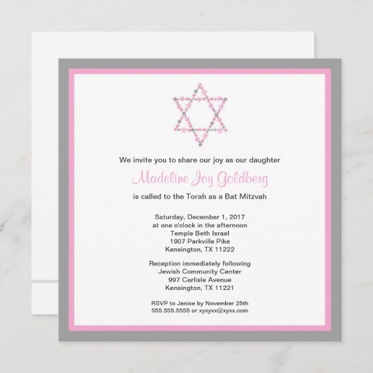 Modern Pink and Grey Floral Bat Mitzvah Invite Kaart (Voorkant / Achterkant)