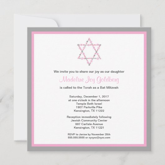 Modern Pink and Grey Floral Bat Mitzvah Invite Kaart (Voorkant)