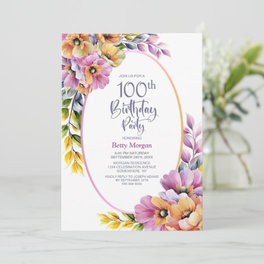 Modern Pink and Orange Floral 100th Birthday Party Kaart (Staand voorkant)