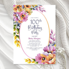 Modern Pink and Orange Floral 100th Birthday Party Kaart
