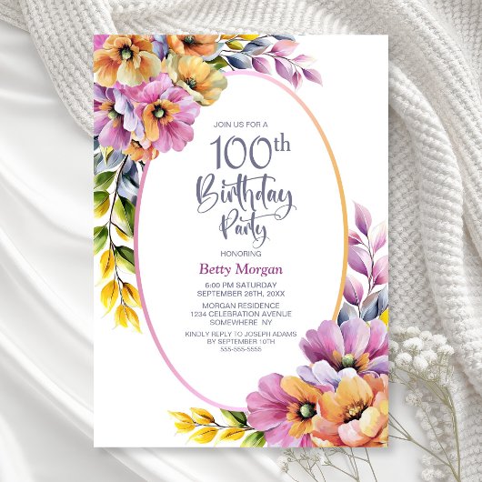 Modern Pink and Orange Floral 100th Birthday Party Kaart
