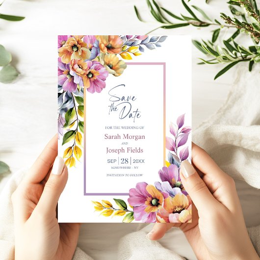 Modern Pink and Orange Floral Save the Date Kaart