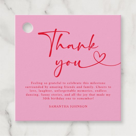 Modern Pink and Red 30th Birthday Thank You Bedankjes Labels (Voorkant)