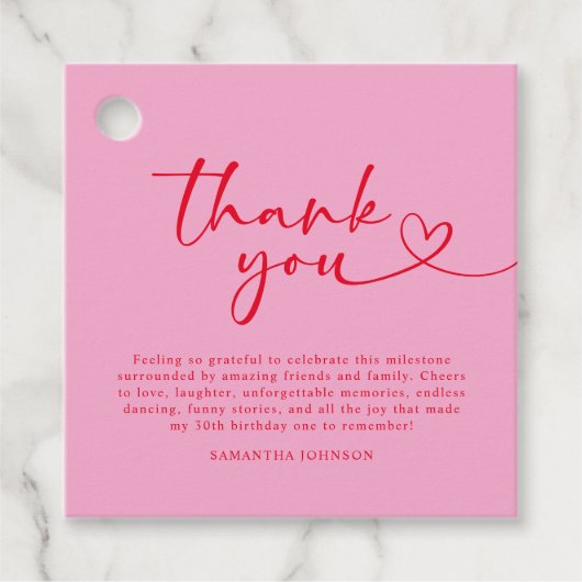 Modern Pink and Red 30th Birthday Thank You Bedankjes Labels (Voorkant)