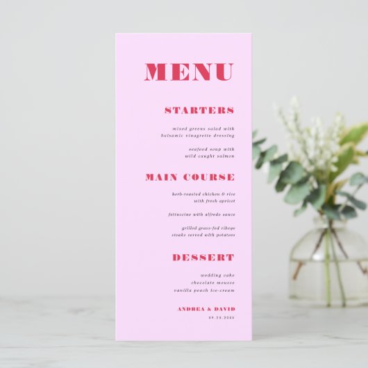 Modern Pink and Red Bold Typography Weddenrennen Menu (Staand voorkant)