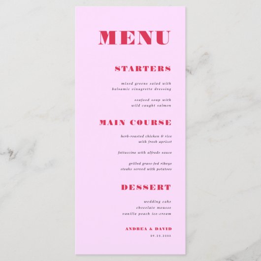 Modern Pink and Red Bold Typography Weddenrennen Menu (Voorkant)