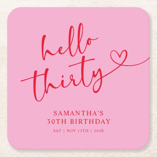 Modern Pink and Red Hello 30th Birthday Kartonnen Onderzetters (Voorkant)