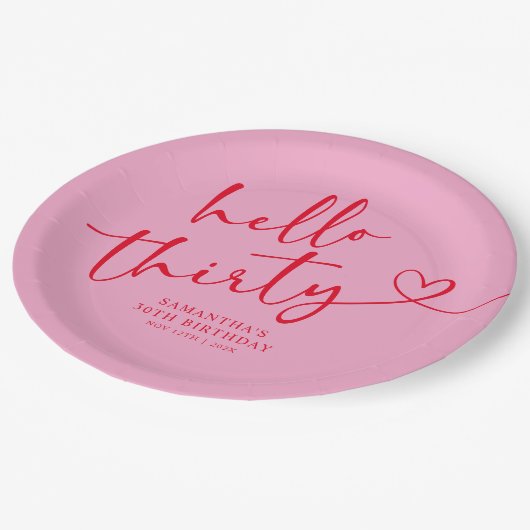 Modern Pink and Red Hello 30th Birthday Papieren Bordje (Gekanteld)