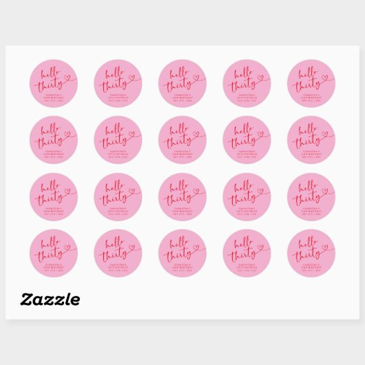 Modern Pink and Red Hello 30th Birthday Ronde Sticker (Vel)