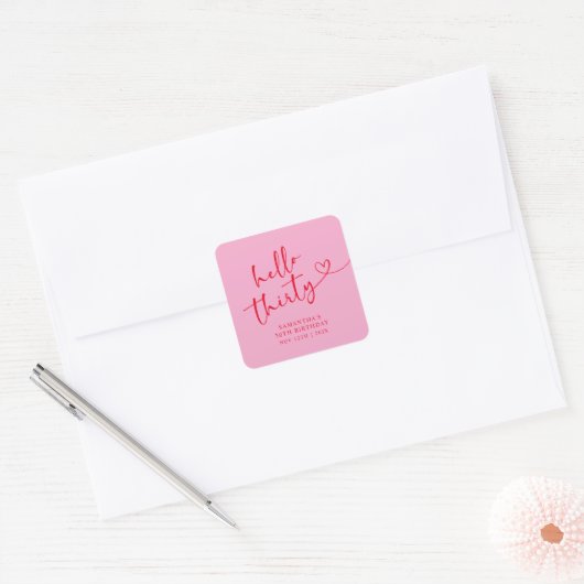 Modern Pink and Red Hello 30th Birthday Vierkante Sticker (Envelop)