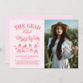 Modern Pink and White Stripe Photo Graduation Aankondiging (Voorkant / Achterkant)