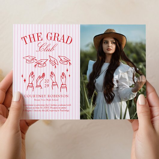 Modern Pink and White Stripe Photo Graduation Aankondiging