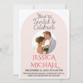 Modern Pink Arch Wedding Photo Invite with QR Code Kaart (Voorkant)