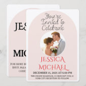 Modern Pink Arch Wedding Photo Invite with QR Code Kaart (Voorkant / Achterkant)