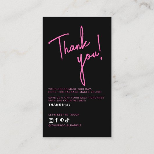 Modern pink black order thank you QR code Visitekaartje (Voorkant)