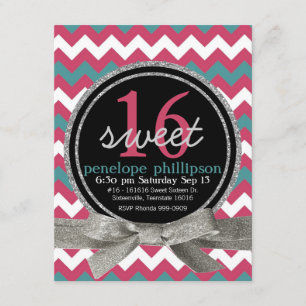 Modern Pink Blauwgroen Chevron Girly Sweet 16 Kaart