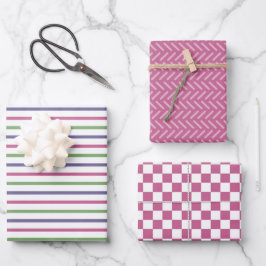 Modern Pink, Blue, Green Stripes, Pink Checkered Inpakpapier Vel