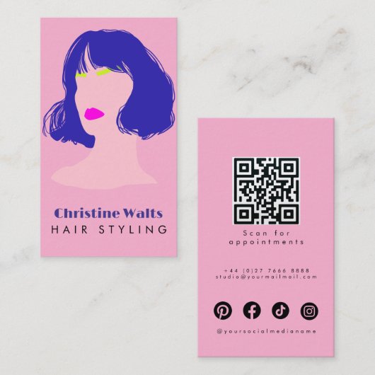 Modern Pink Blue Lime Hair Styling Flat Design QR Visitekaartje (Voorkant / Achterkant)