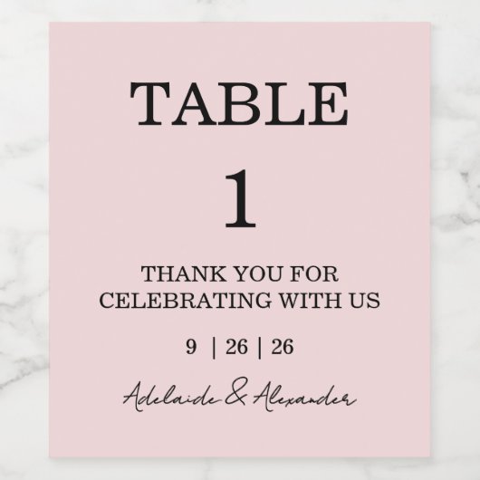 Modern Pink Blush Table Number Wedding   Wijn Etiket (Enkel label)