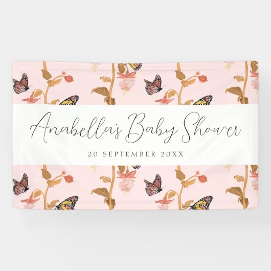 Modern Pink Boho Butterfly Girl Baby shower Spandoek (Horizontaal)