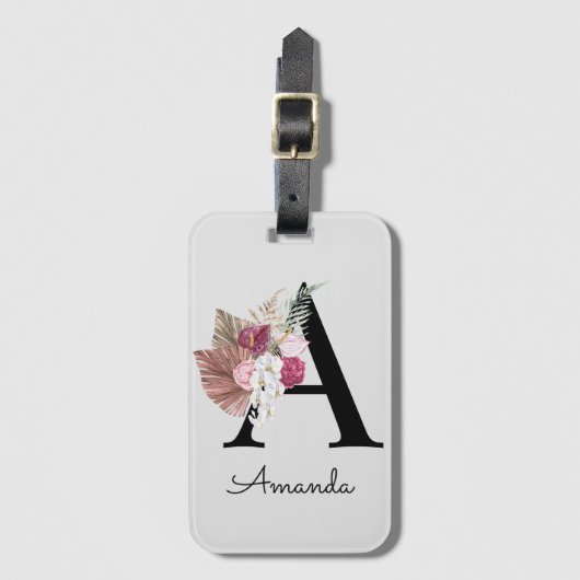 Modern Pink Boho Girly Floral Initiaal A Bagagelabel (Voorkant (verticaal))